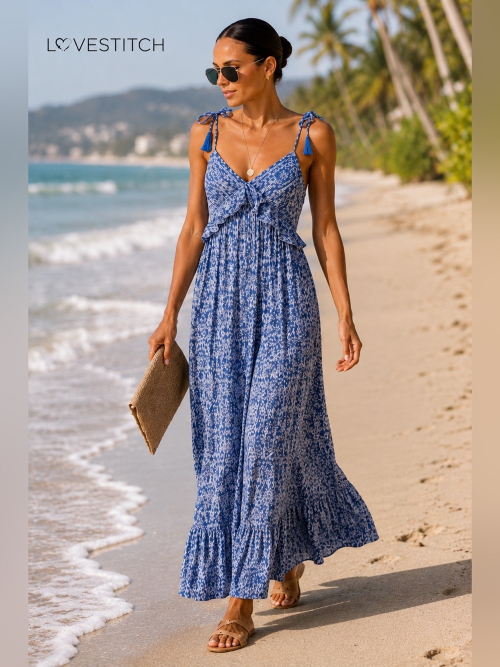💙Lovestitch,Blue Ikat, Patterned Dress w/Tassels Tie on Shoulders or Halter, L